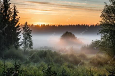 Premium AI Image | Misty sunrise over forest with mist rising from the trees created with ...