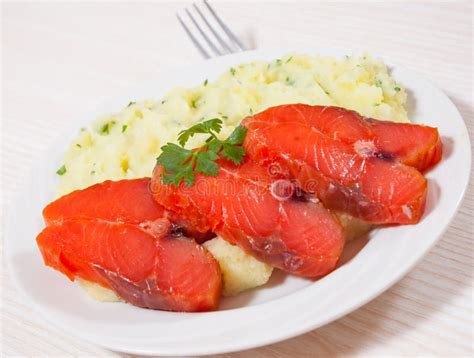 Salmon Steak with Mashed Potatoes Stock Photo - Image of cooked, meat ...