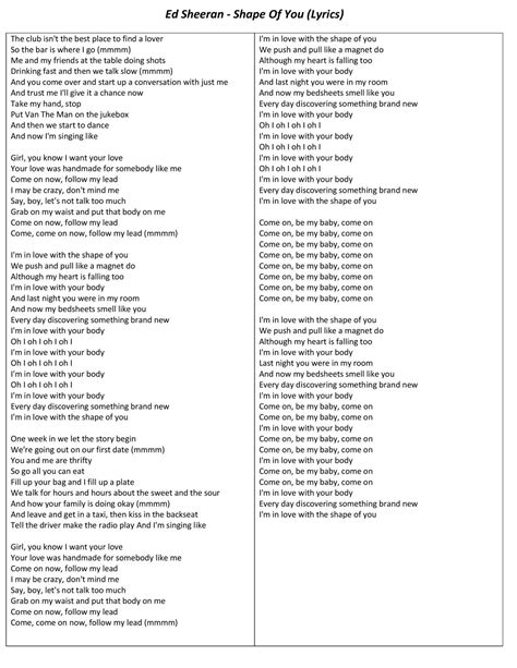 Ed Sheeran - Shape of You | Shape of you lyrics, Ed sheeran shape of ...