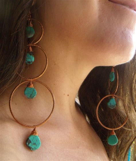 Extra Long Dangle Earrings Turquoise Hammered Copper