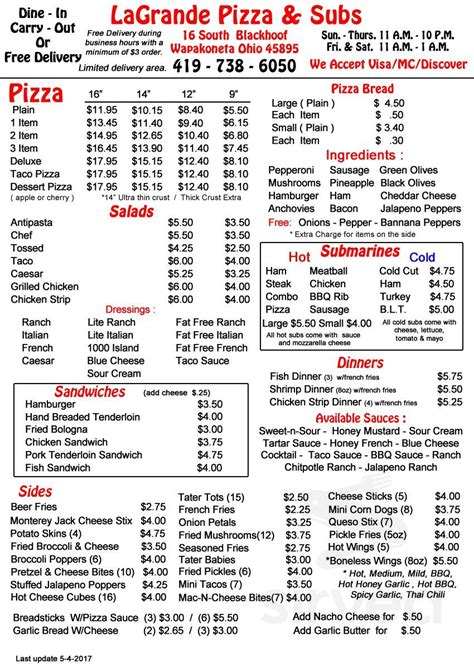 LaGrande Pizza menu in Wapakoneta, Ohio, USA