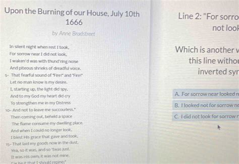 Upon the Burning of our House, July 10th Line 2: "For sorro 1666 not lool by Anne Bradstre [algebra]