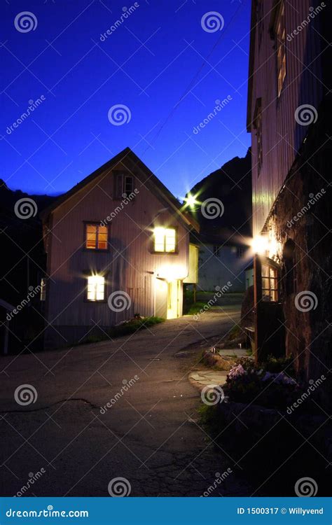 Village street at night stock image. Image of night, building - 1500317