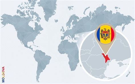 Premium Vector | Abstract blue world map with magnified Moldova Moldova flag and map Vector ...