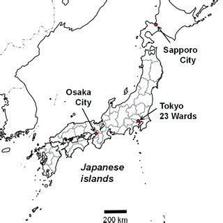 Locations of Sapporo City, Tokyo 23 wards, and Osaka City in Japan. The ...