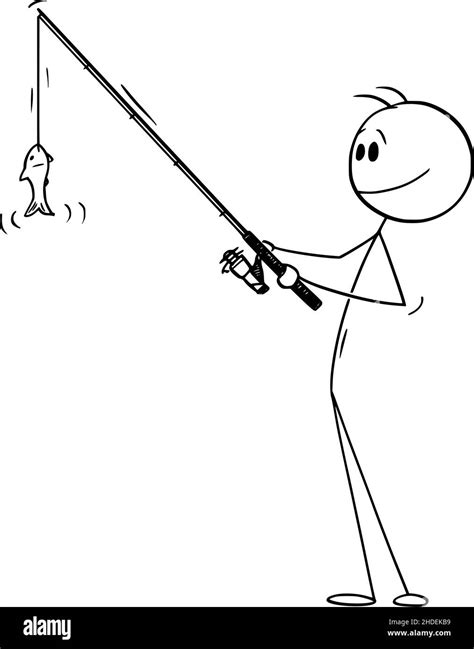 Fisherman Holding Rod and Fishing Small Fish , Vector Cartoon Stick Figure Illustration Stock ...