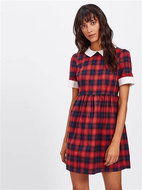 Contrast Trim Buttoned Bow Back Checkered Dress -SheIn(Sheinside)