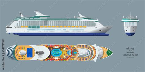 Isolated blueprint of cruise ship. Side, top and front views. Realistic ...