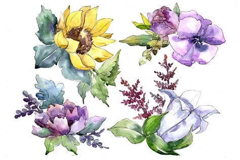 Wildflower bouquets PNG watercolor set (120550) | Illustrations | Design Bundles