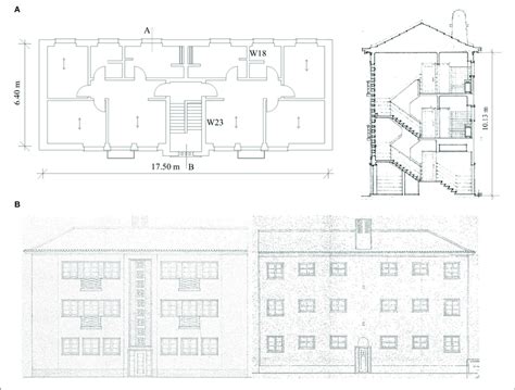 | Drawing of the case study. (A) plan and cut section "AB" (right) of... | Download Scientific ...