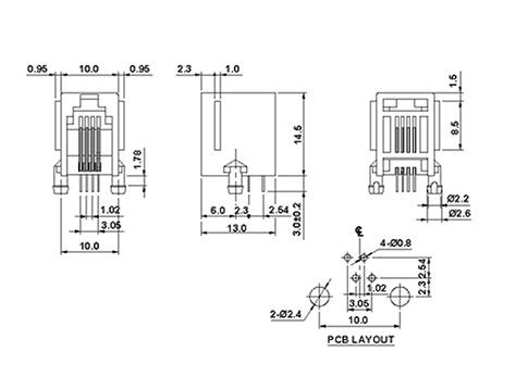 4 Way-4 Wire (RJ11) PCB Mount Modular Socket Technical Data