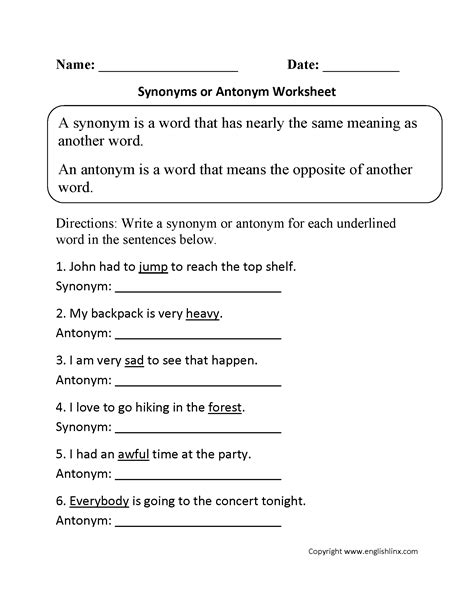 Synonym And Antonym Worksheets 3rd Grade Free