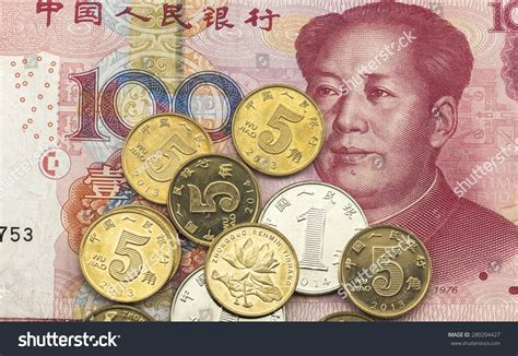 Chinese Renminbi 100 Yuan Bank Note And Coins Stock Photo 280204427 ...