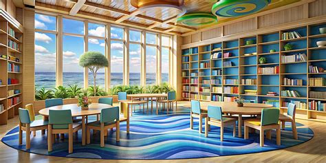 Ocean View Library With Colorful Tables And Chairs For Kids Background, Ocean View Library, Kids ...