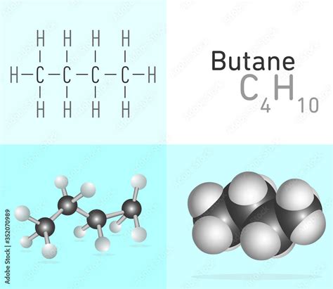 Vetor de Butane (C4H10) gas molecule. Two different molecule model and chemical formula. Ball ...