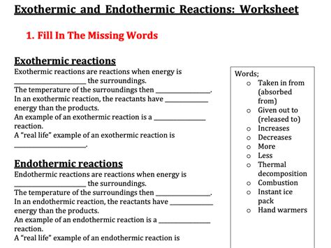 Endothermic And Exothermic Reactions Worksheet With Answers Pdf