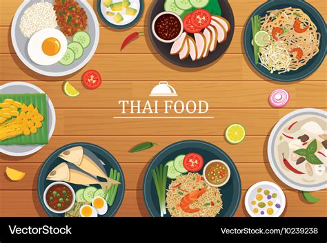 Thai food on a wooden background Royalty Free Vector Image