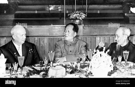 Nikita Khrushchev, Mao Tse Tung and Ho Chi Minh of Vietnam at banquet in Peiping, (Beijing ...