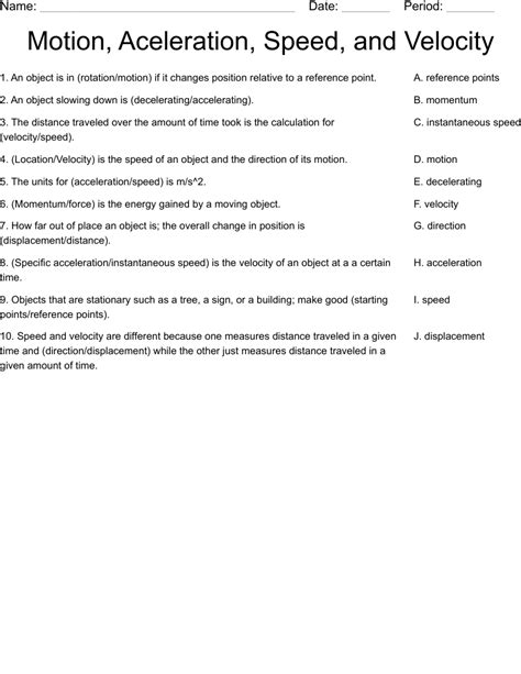 Motion, Aceleration, Speed, and Velocity Worksheet - WordMint