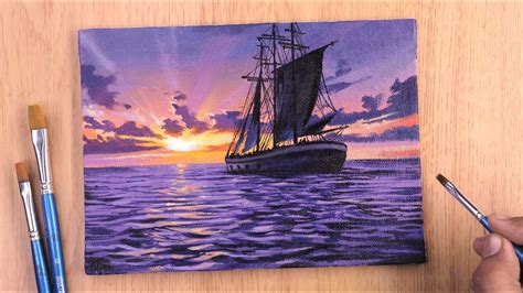 Painting a sunset seascape with ship in Acrylics | Painting in Acrylic - YouTube