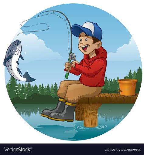 Cartoon boy enjoying fishing in lake Royalty Free Vector