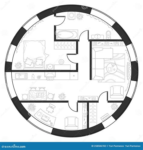 Architectural Plan of Round House. Professional Layout with Furniture in the Form of a Drawing ...