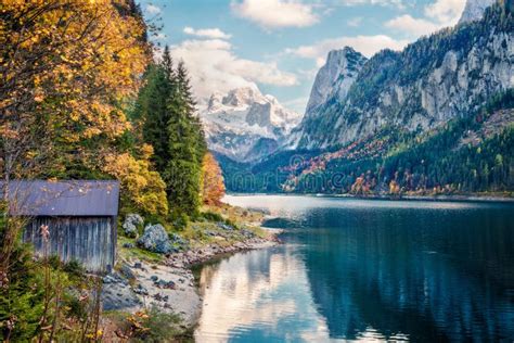 Colorful Autumn Scene of Vorderer Gosausee Lake with Dachstein Glacier ...