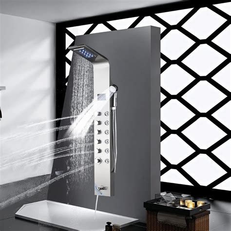 LED Head Sprayer Nickel Brushed Waterfall Shower Panel Wall Mounted ...