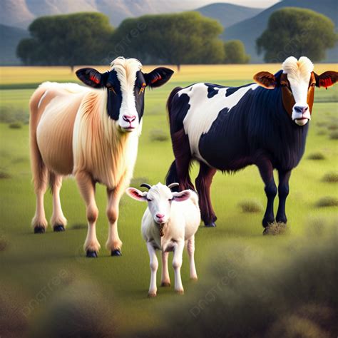 Cow And Small Goat Sacrificial Animals On The Meadow Background, Sacred Animals, Goat 3d ...