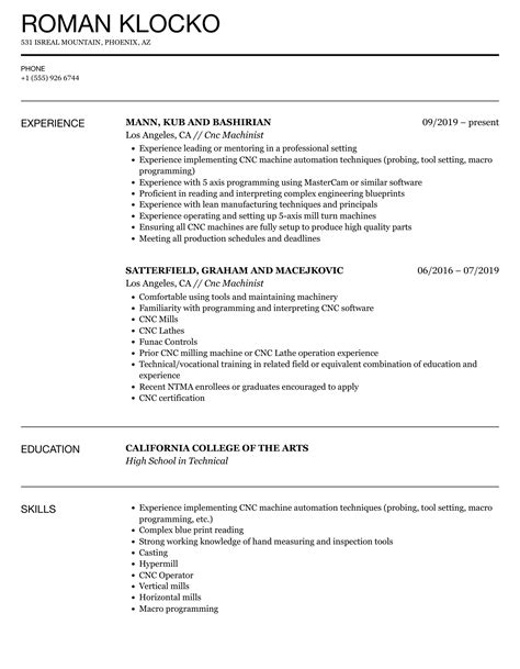 Machinist Resume Templates Free