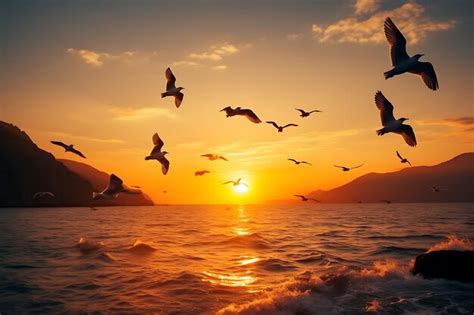 Premium AI Image | Photo of Seagulls Flying in the Warm Glow of the Sunset