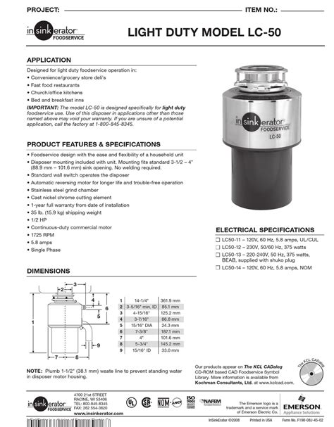 INSINKERATOR MODEL LC-50 PRODUCT FEATURES Pdf Download | ManualsLib