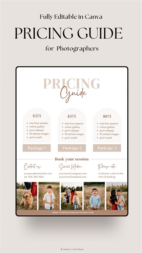 Photography Pricing Template for Canva One Page Pricing Guide for Photoshop Photography Sell ...