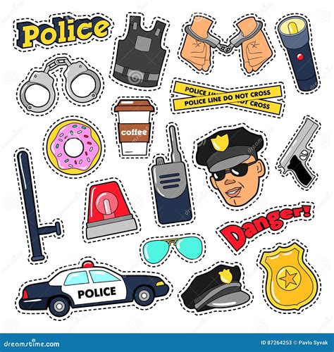 Police Security Stickers Set with Officer, Gun and Car Stock Vector ...