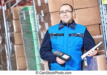 Warehouse management system. worker with barcode scanner. Male and female warehousing worker in ...