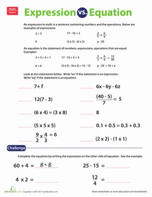 Expression vs. Equation | Worksheet | Education.com | Math expressions ...