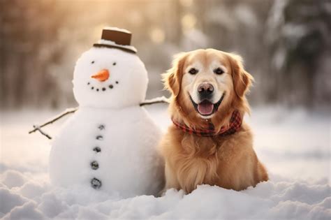 Premium AI Image | Cute golden retriever and snowman in snowy park Winter holidays