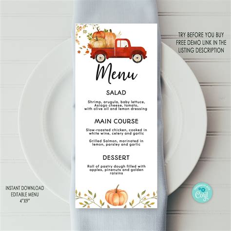 Red Truck Menu Template EDITABLE Menu Pumpkin Printable - Etsy