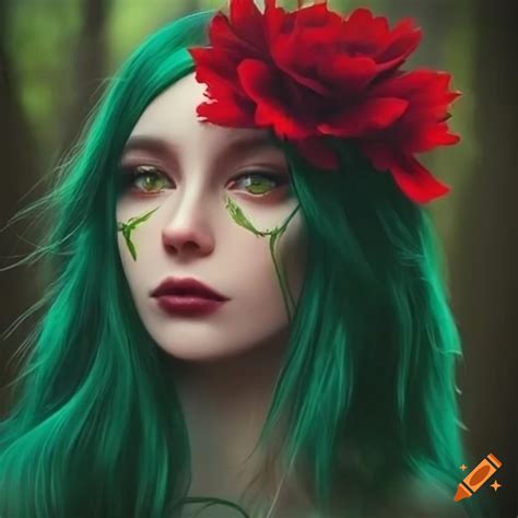Woman with green hair and flower in the woods on Craiyon