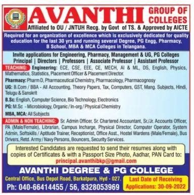 Teaching/Non-Teaching Jobs at Avanthi Group of Colleges, Hyderabad ...