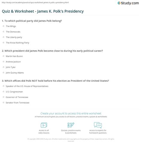 Quiz & Worksheet - James K. Polk's Presidency | Study.com