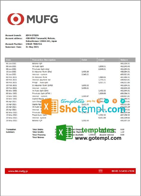 Japan MUFG bank statement template in Excel and PDF format