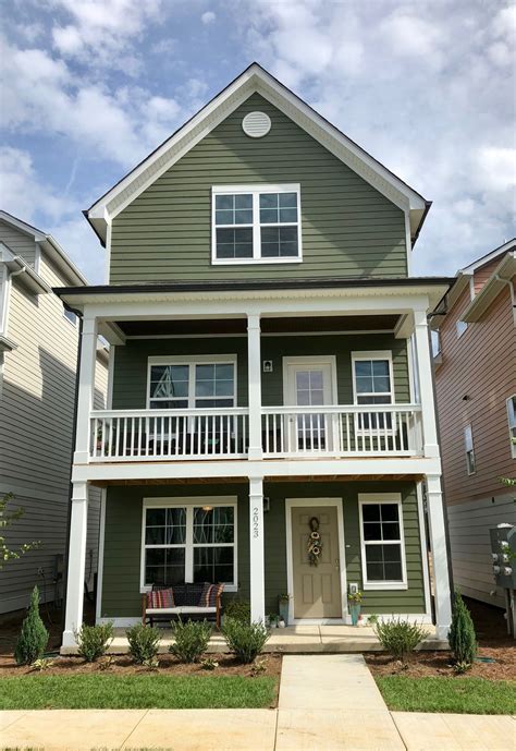 Dark Green House Exterior, Green Siding House, Green House Paint, Sage Green House, White ...