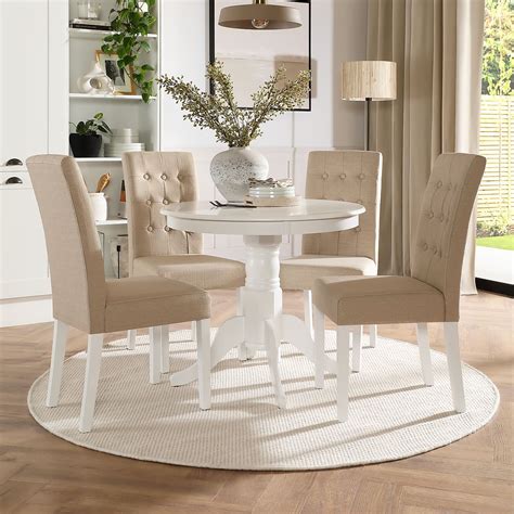 Kingston Round White Dining Table with 4 Regent Oatmeal Fabric Chairs | Furniture Choice