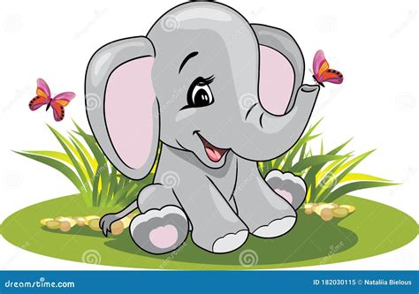 Cartoon Smiling Elephant with Butterflies Stock Vector - Illustration ...