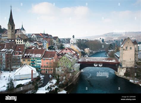 Panoramic view of the old town Baden in Winter, Baden, Switzerland ...