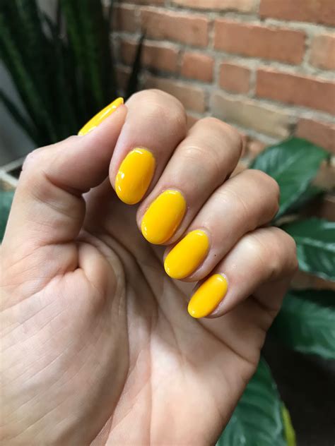 Mustard yellow summer gel oval almond short nails #AcrylicNailsDesigns | Oval acrylic nails ...