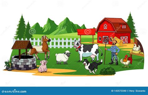 Farmer and Animals in the Farm Yard Stock Vector - Illustration of outdoors, horse: 143573340