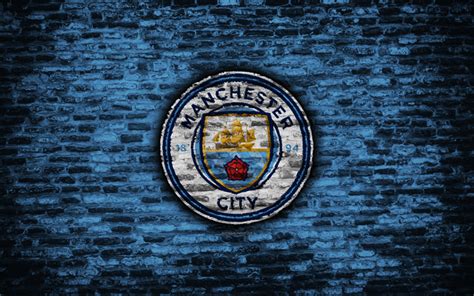 Download wallpapers Manchester City FC, logo, blur brick wall, Premier ...