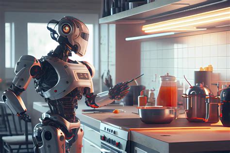 Robot chef cooking in kitchen of future home genius, smart robot working in modern house ...